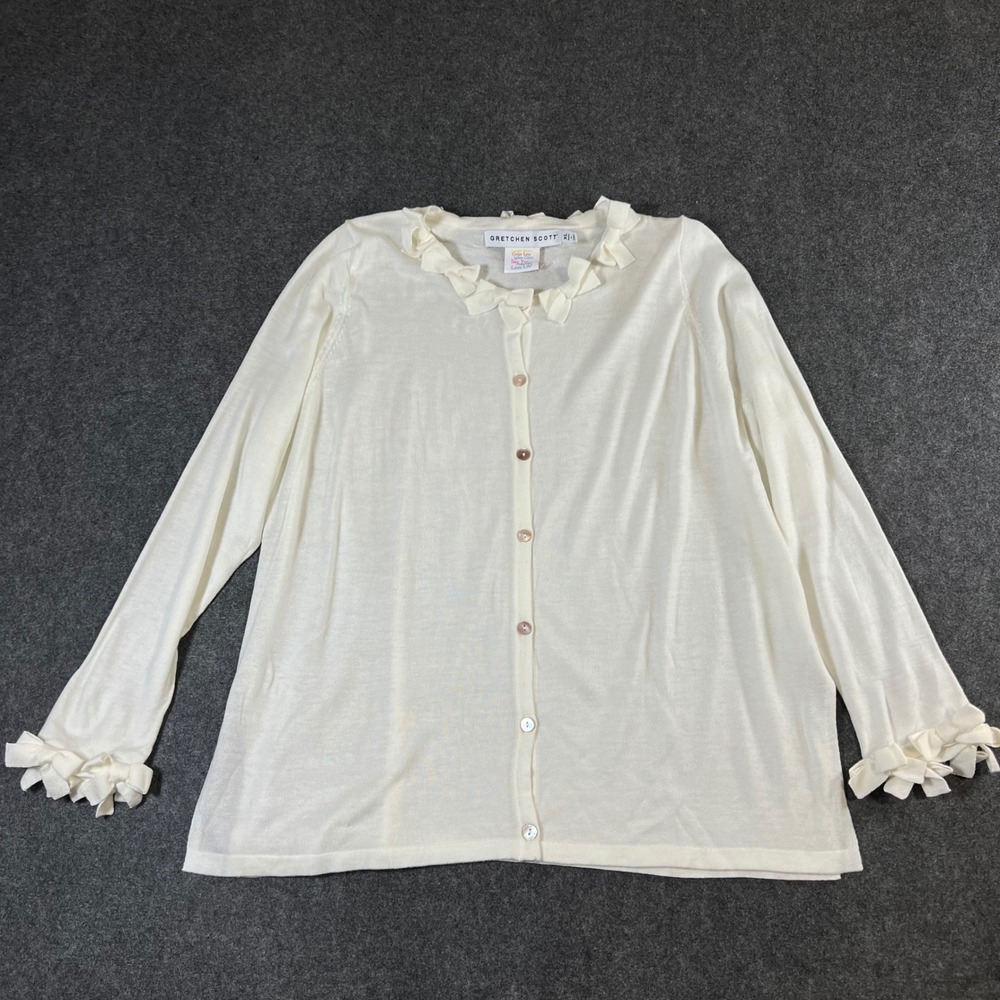 Gretchen Scott Women XL Off White Bow Neck Button Front Cardigan Merino Blend